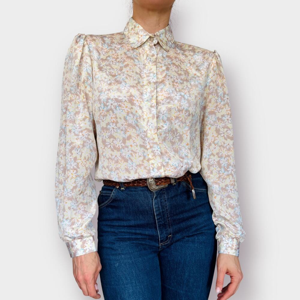 80s Peepers white and tan‎ multi color floral blouse Size L